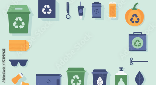 This vector graphic displays a border made of various sustainable lifestyle icons and everyday objects on a light green background.