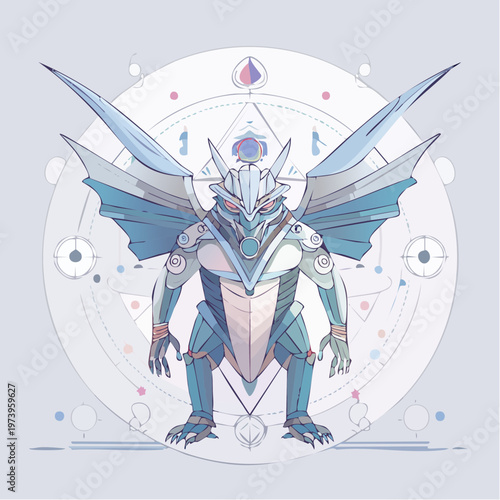 Digital dragon creature with geometric patterns and futuristic armor