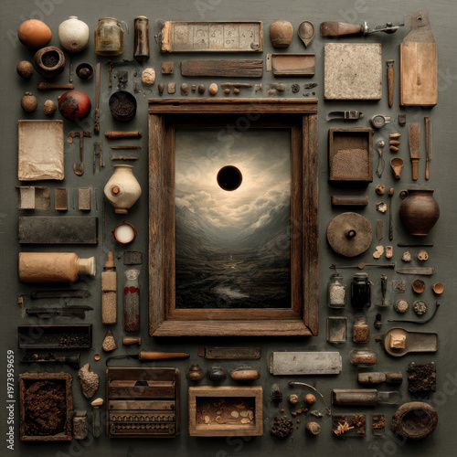 Surreal Vintage Still Life with Antique Objects and Eclipse Landscape Concept Art