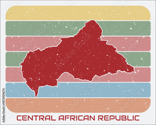 Central African Republic vintage logo. Shape of the country on retro colored stripes background. Central African Republic map design with grunge scratch texture. Vector illustration.