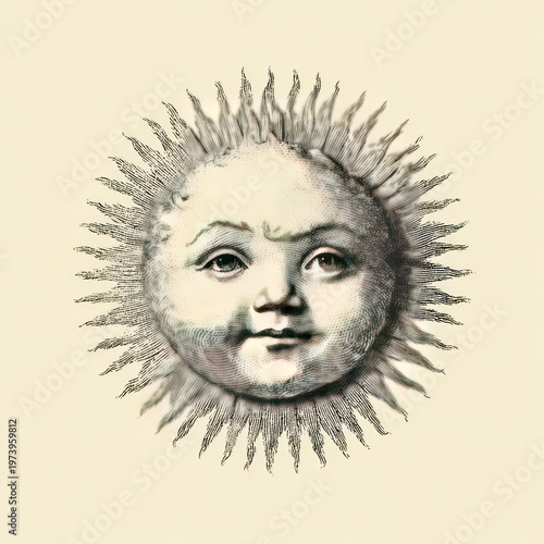 Vintage Sun Engraving – Antique Celestial Face Illustration