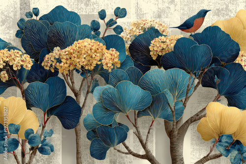 Elegant Blue and Gold Botanical Wall Art with Stylized Trees and Bird Illustration