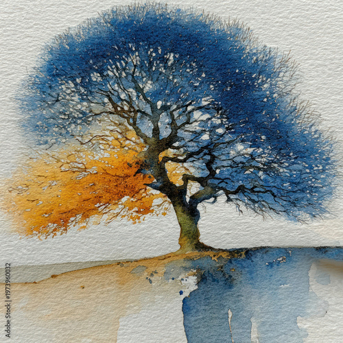 Watercolor Tree with Split Blue and Orange Colors Symbolizing Contrast and Balance