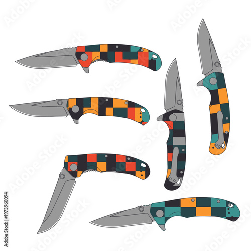 Colorful Folding Knives Collection, Geometric Pattern Handles, Isolated on White