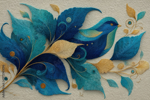 Decorative Blue Bird with Ornamental Leaves in Textured Botanical Illustration