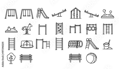 A set of black and white line art illustrations of various playground equipment and furniture