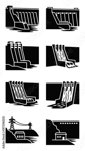 Hydroelectric Dam Icons: Power Generation, Water Flow, and Energy Infrastructure