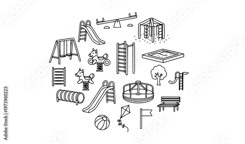 A black and white illustration of various playground equipment and toys