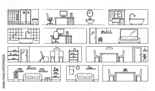 A collection of minimalist line art illustrations of various rooms in a house