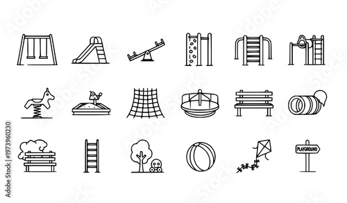 A set of black and white line art illustrations of various playground equipment and features