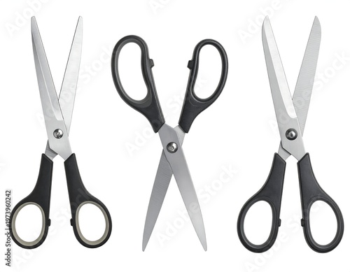 A set of three scissors with black handles and silver blades