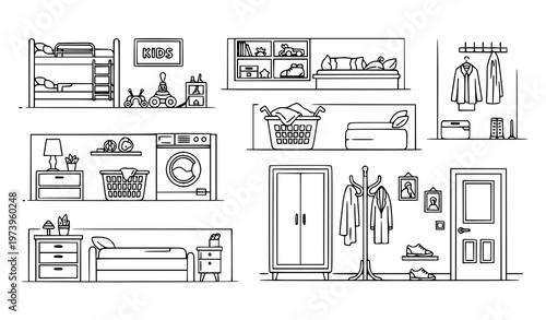 A set of line art illustrations depicting various kids room and laundry elements