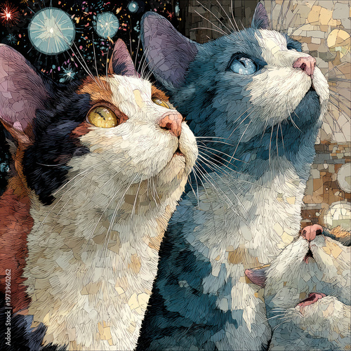 Three cats looking up at fireworks, colorful artistic illustration, close-up animal portrait