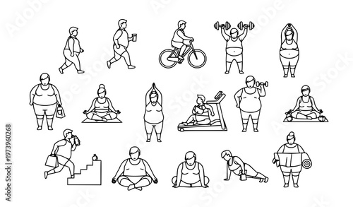A set of vector illustrations depicting people engaging in various fitness activities