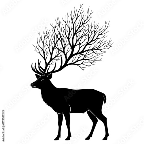 Silhouette Deer with Antlers as Bare Tree Branches, Mystical Forest Creature