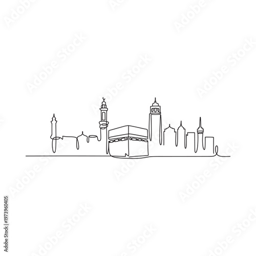 One continuous line drawing of the kaaba and mecca skyline
