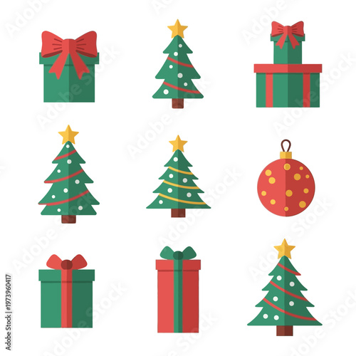 Christmas Tree and Gift Icons: Festive Holiday Vector Set