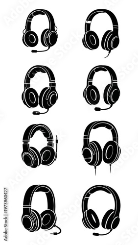 Collection of Eight Different Headset Silhouettes with Microphones