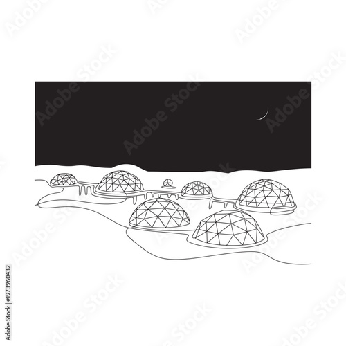 Minimalist line drawing of futuristic geodesic dome structures at night