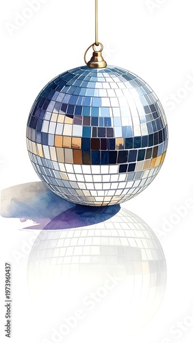 A shiny disco ball hangs from a thread against a white background
