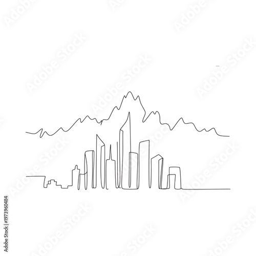 Continuous line drawing depicts a city skyline merging into mountains