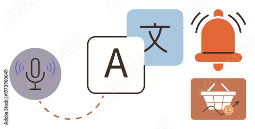 Language tools, e-commerce, user notifications, speech-to-text, global communication, convenience tech. Icons for voice recording, translation alerts and shopping cart. Language tools