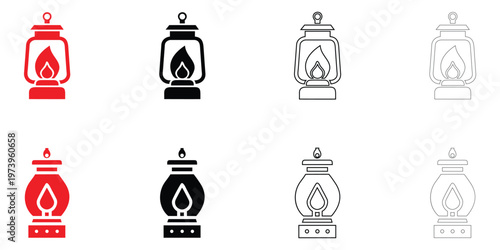 Kerosene lamp vintage oil lantern icon vector, antique kerosene lamp symbol vector, silhouette and line art illustration