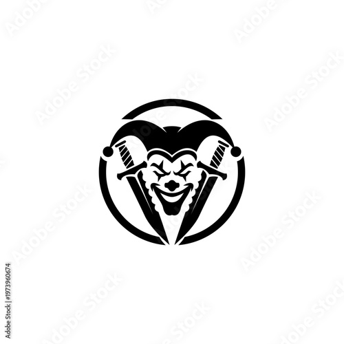 Stylized jester face logo with crossed swords in circular emblem, bold monochrome vector design
