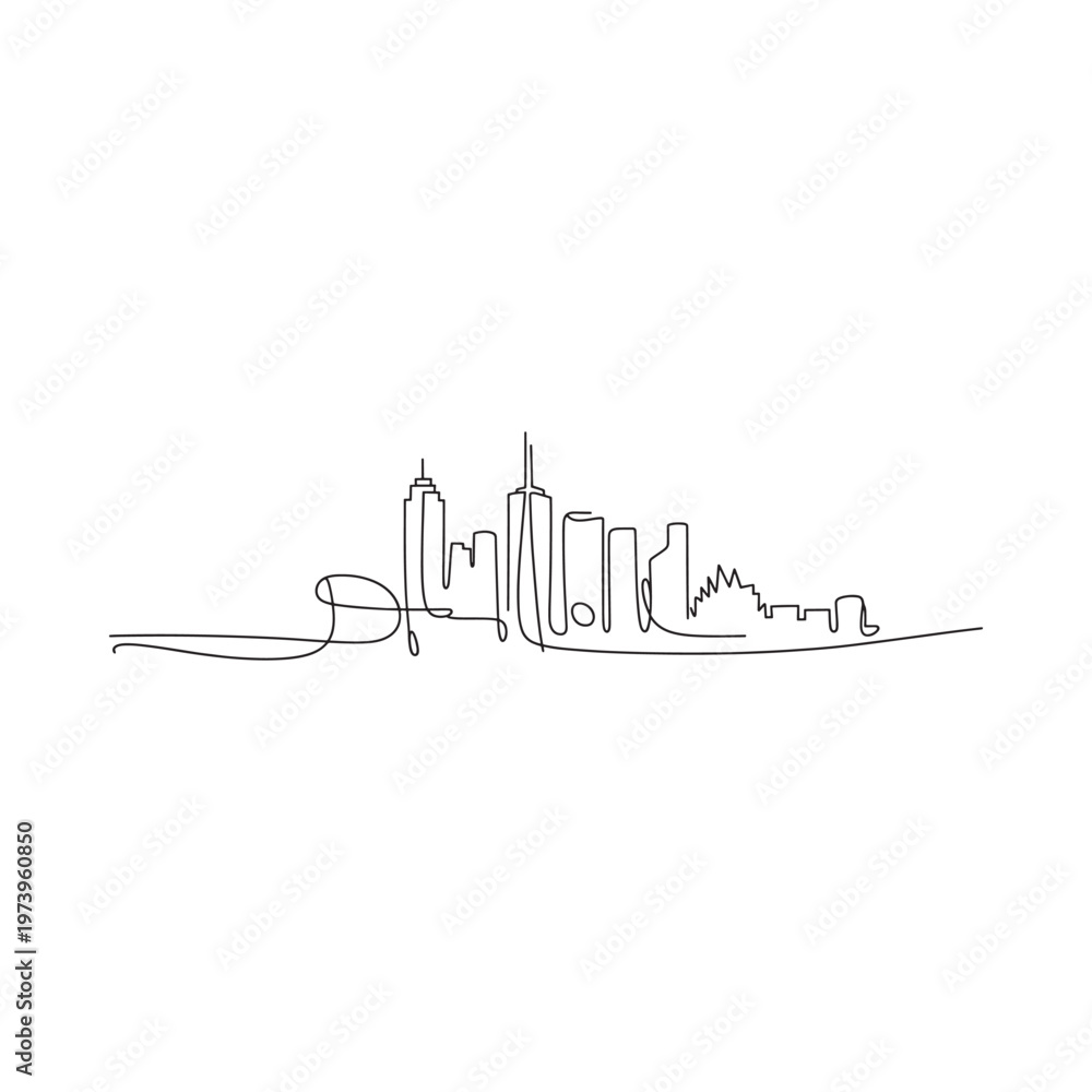 Obraz premium Continuous line drawing depicts a modern city skyline with tall buildings