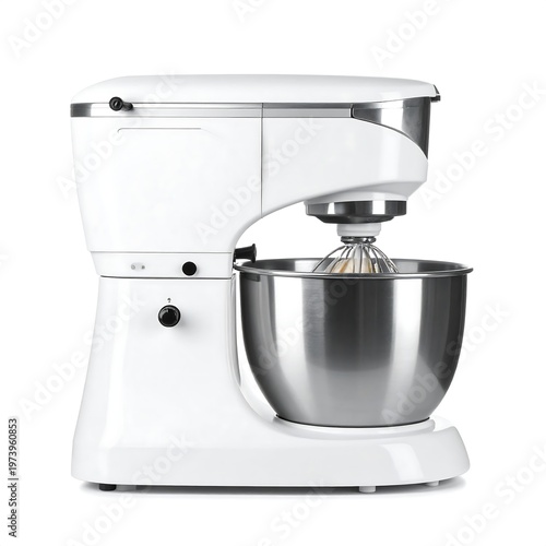 A sleek white stand mixer with stainless steel bowl and attachments