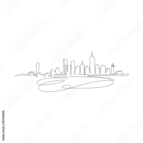 Continuous line drawing depicts a modern city skyline with abstract swirls