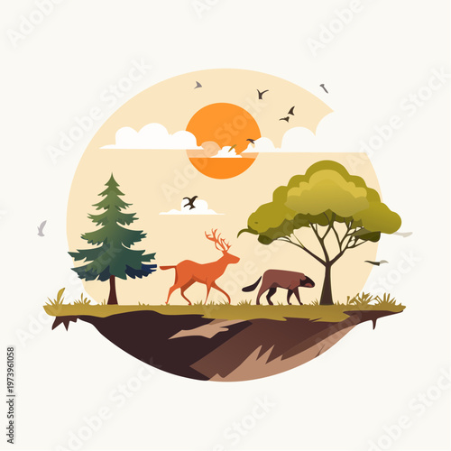 Discover a Serene Wilderness with Animals Walking on Floating Islands Under the Sun