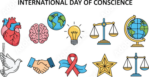 International Day of Conscience concept with symbols of humanity, justice, and peace