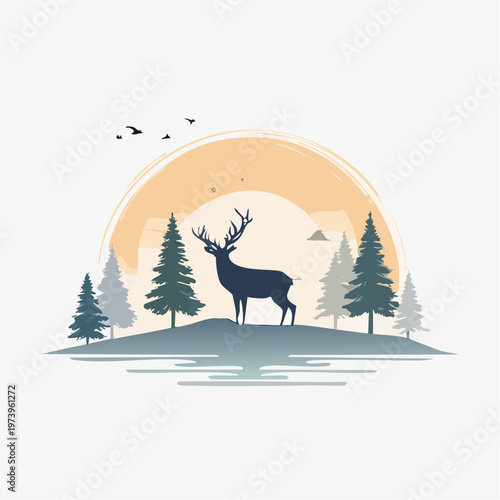 Majestic deer silhouette against a serene sunset over a tranquil forest and water landscape