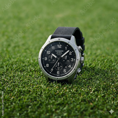 Golf GPS Smartwatch and Golf Ball on Green Fairway Grass — Sport Tech Concept
