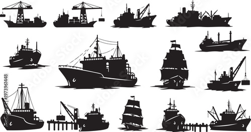 Collection of various ship silhouettes on water background
