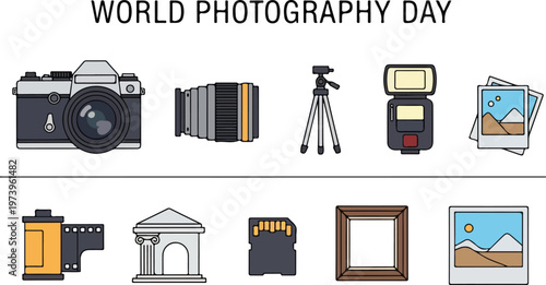 World Photography Day celebration with classic and digital camera gear