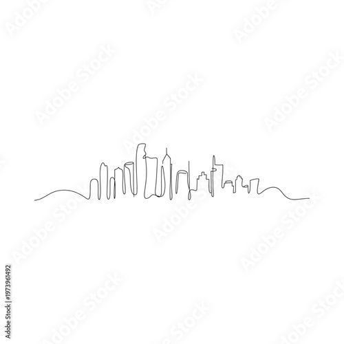 Minimalist line drawing depicting a sprawling cityscape silhouette