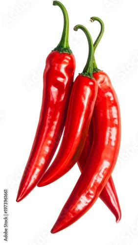 A vibrant image of three red chili peppers