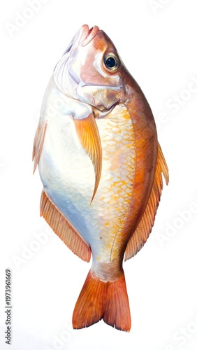 A vibrant orange and white fish with detailed scales