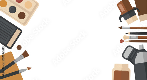 This creative vector illustration displays a variety of art tools, including brushes and palettes, framing a spacious white central area.