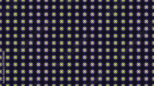 Seamless geometric pattern with vibrant neon green and magenta star shapes on a dark purple background, a modern abstract repeating design for digital art, wallpaper, fabric, and