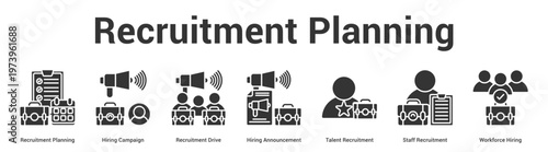 Recruitment Planning web banner icon set vector illustration concept for business with icon of Recruitment Planning, Hiring Campaign, Recruitment Drive, Hiring Announcement, Talent Recruitment, St.