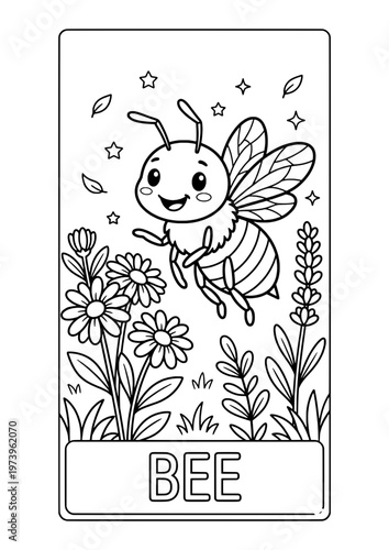 Cute bee flying over flowers coloring page for kids educational activity.