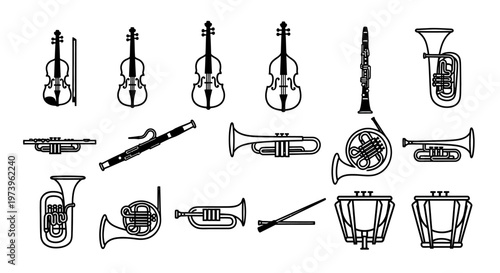 Collection of various musical instruments.