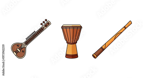 Traditional Indian musical instruments on display.