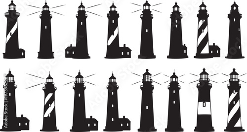 Collection of Various Lighthouse Silhouettes on White Background