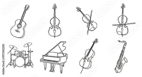 Musical Instruments Line Drawings Collection.