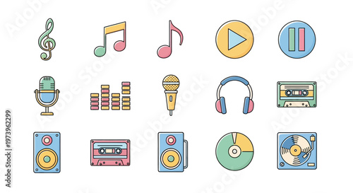 Music icons and audio symbols.