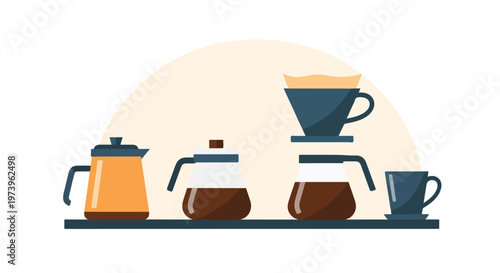 A stylish vector illustration depicts various coffee brewing tools, including a kettle and glass carafes, arranged neatly on a dark shelf.